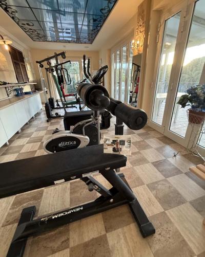 Bright gym with modern equipment and panoramic view, elegant and welcoming atmosphere.